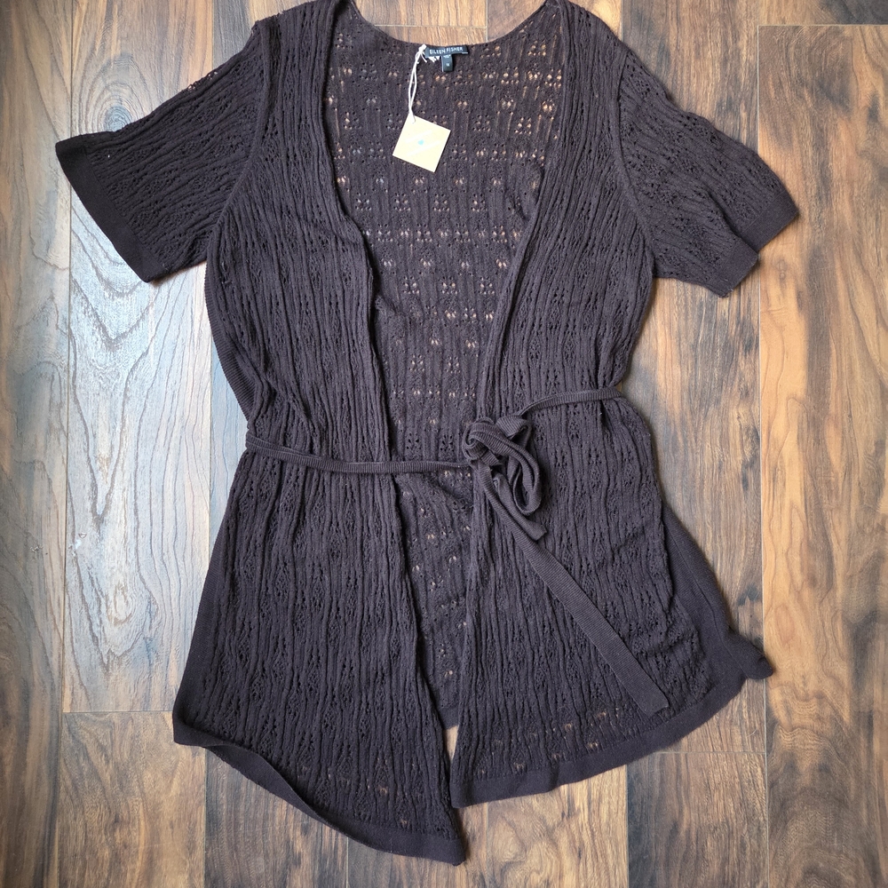 Eileen Fisher Dark Brown Openwork Short-Sleeve Belted Cardigan